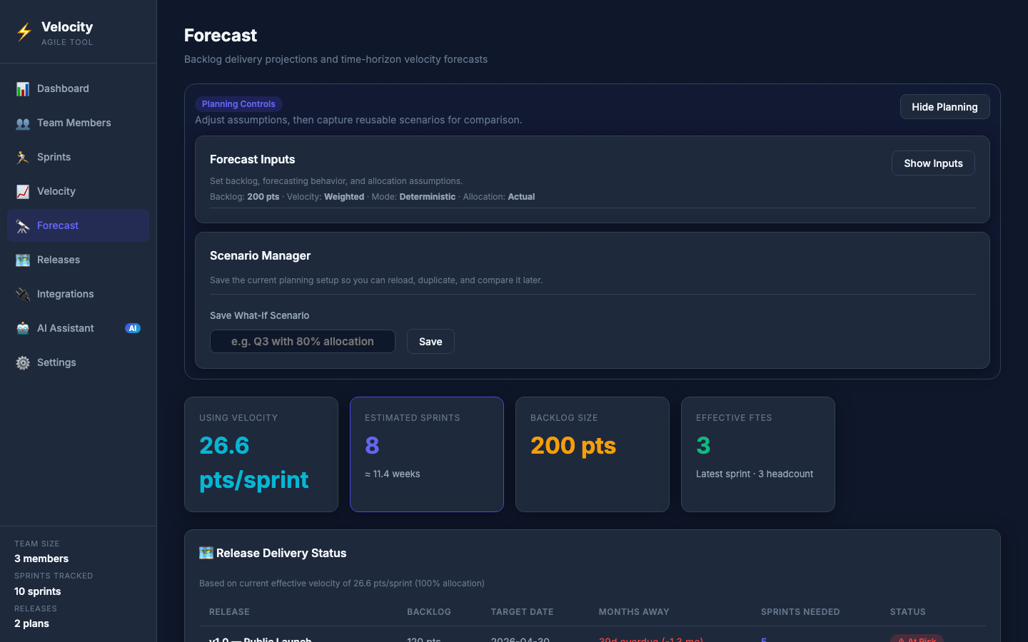Agile Velocity Tool — delivery forecast